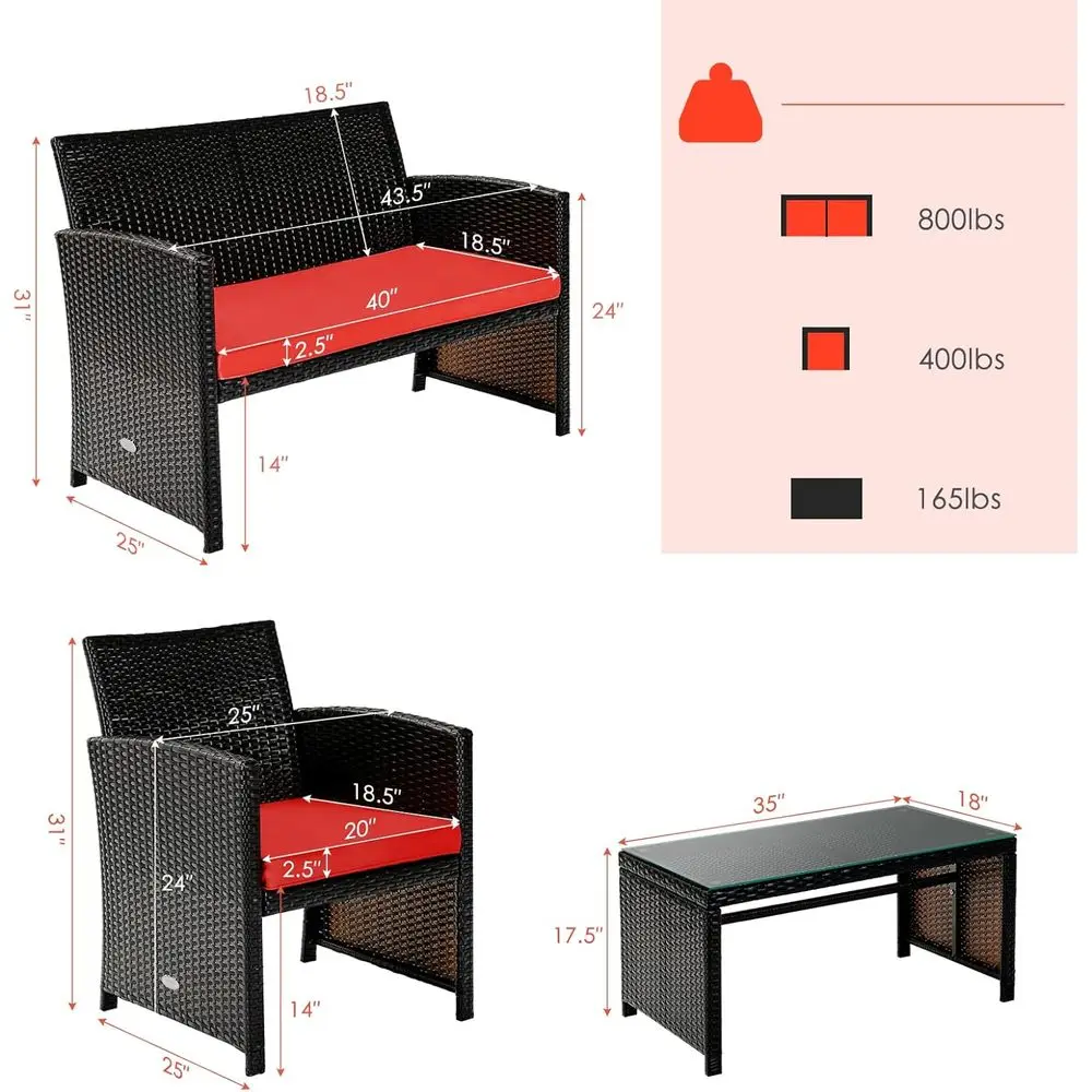 4-Piece Rattan Outdoor Furniture Set with Loveseat, Chairs, and Glass Coffee Table for Garden, Backyard, and Patio Conversation