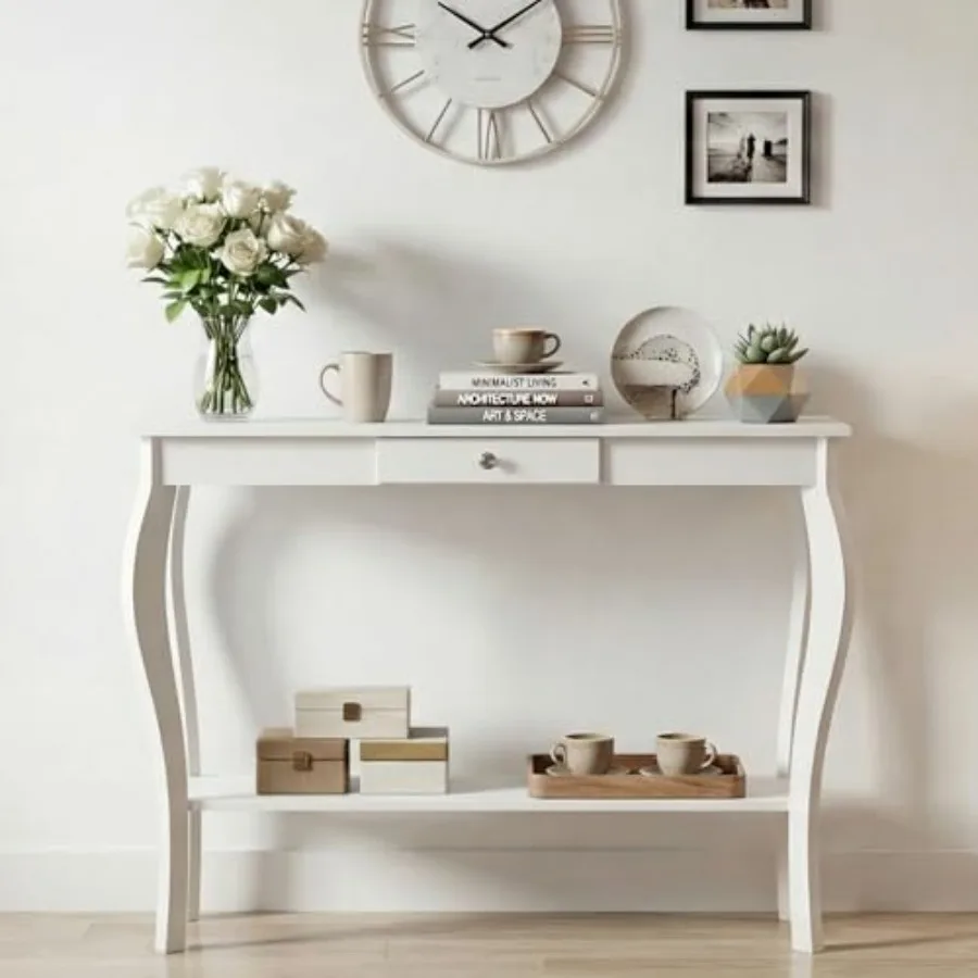 

Narrow Console Table with Drawer Chic Accent Sofa Table Entryway Table 39.3 Inch White