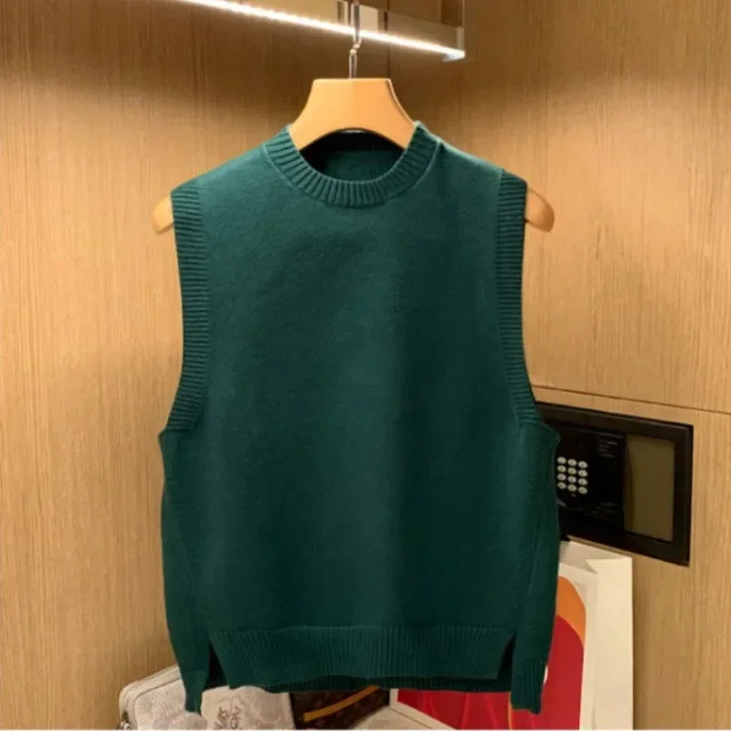 Brown Knit Sweater Male Sleeveless Black Waistcoat Men's Clothing Round Collar Green Vest Crewneck Ugly Warm Baggy Wool Cigaret