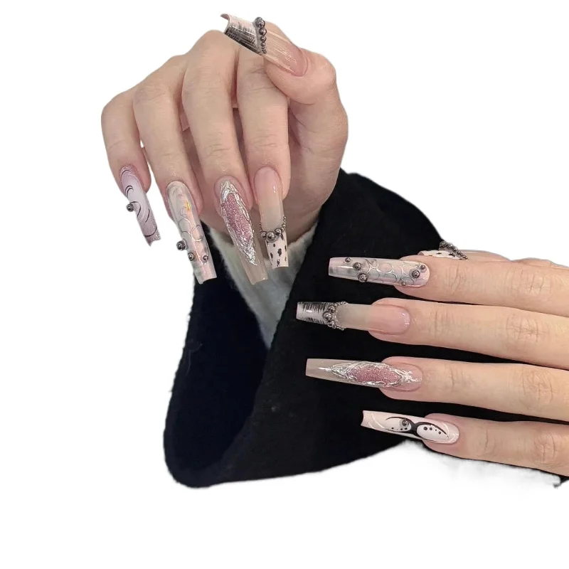 

Millennium Spice Girl Style Pure Handmade Wearing Nail Art French Mirror Light Luxury High-end Long Leopard Print Nail Art