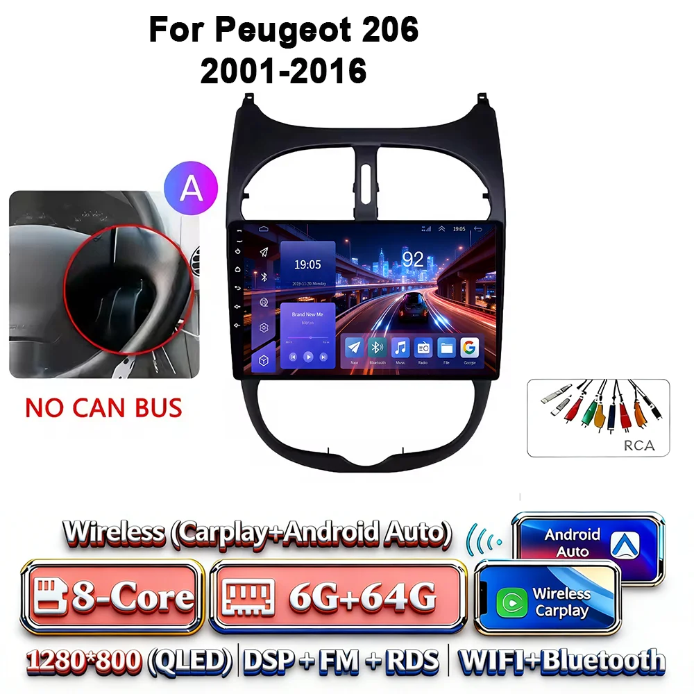 Android 17 Carplay Android Auto 4G WIFI autoradio voor Peugeot 206 2001-2016 GPS DSP BT touchscreen multimediasysteem navigatie stereo