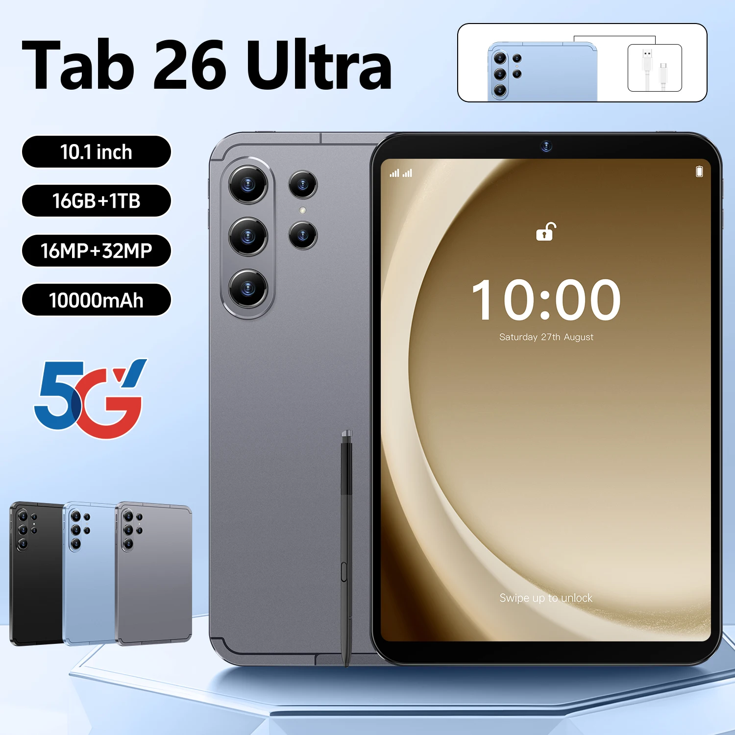 

2026 HOT Pad Tab 26 Ultra Tablet Android 15 Snapdragon8 Gen3 Core 10.1 inch HD Screen 5G Dual SIM Dual Standby 10000mAh Battery