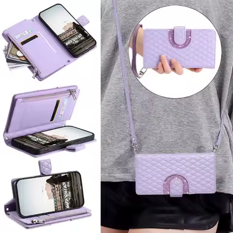 Zipper Wallet Card Crossbody Case for Samsung Galaxy S23 S21 S20 FE S24 S22 Plus Note 20 Ultra S10 S9 + Lanyard PU Leather Cover