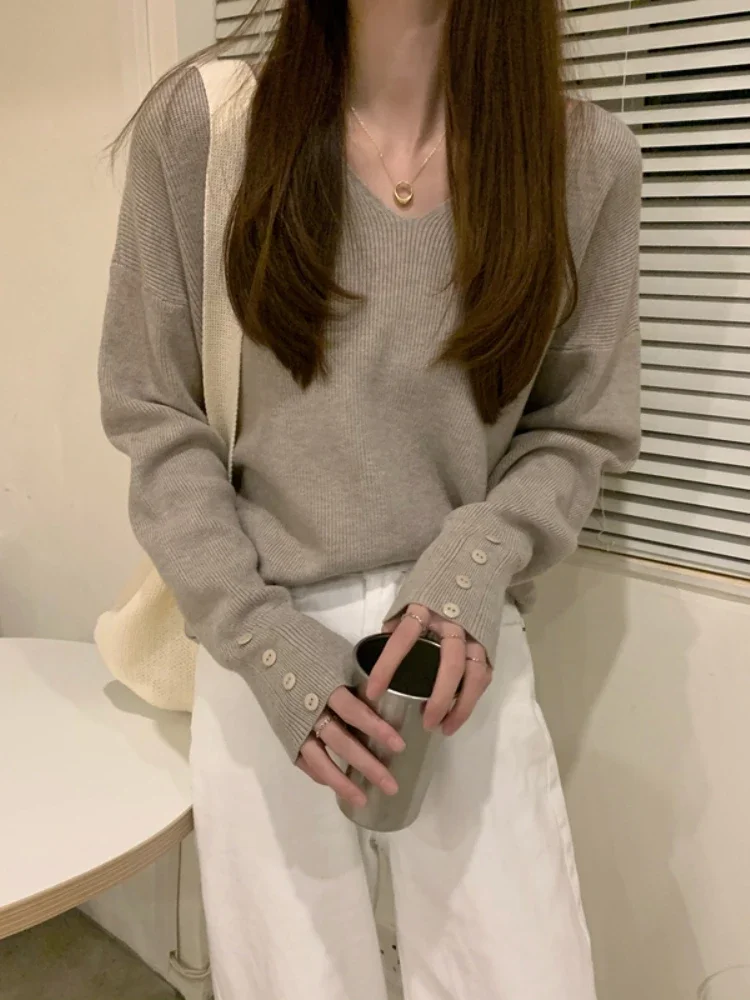 New 2026 Korean Fashion Women's T-shirt Loose V-neck Sweater Long-sleeved Pullover Knitted Blouse Solid Casual Tops Woman