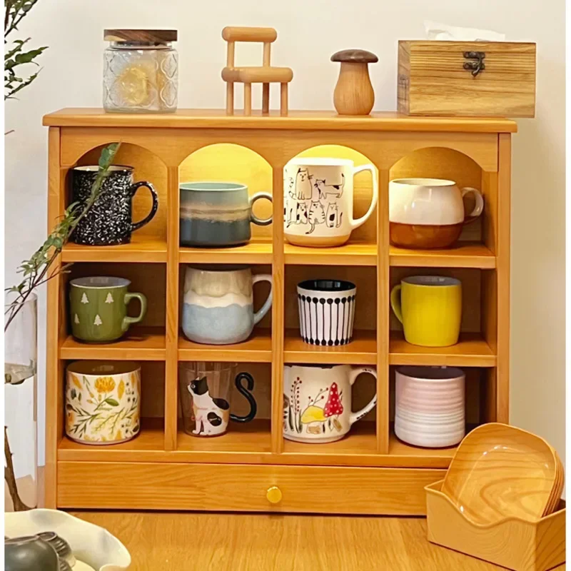 Solid Wood Multi-Grid Cup Holder Living Room Desktop Display Shelf Drawer Design Storage Rack Coffee And Tea Set Storage Cabinet