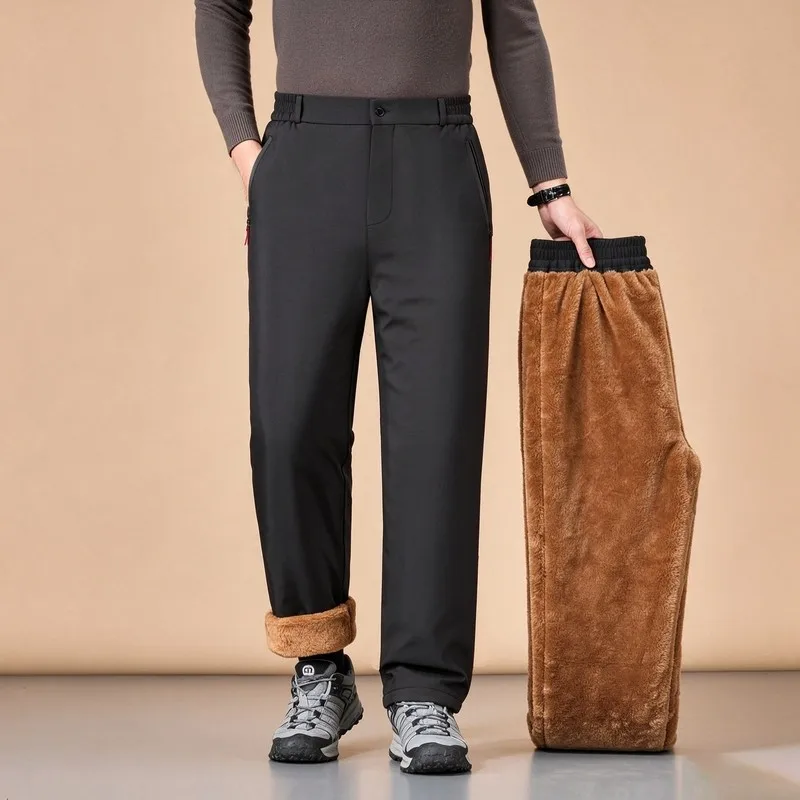 New Autumn and Winter Waterproof Fleece-Lined Thickened Warm Long Pants Men's Casual Loose Sports Plus Size High-Quality Pants