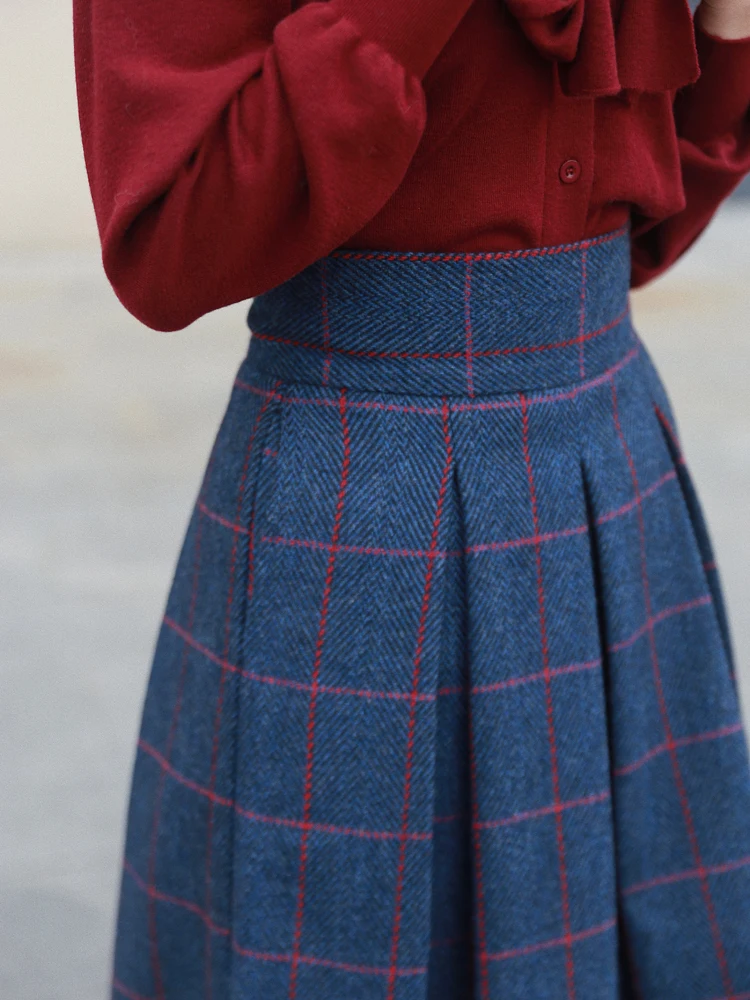 

High Waist Cusizable Plaid Wool Blend f Skirt Vintage Sle A-Line Midi Skirt Red And Blue Cheered Skirt