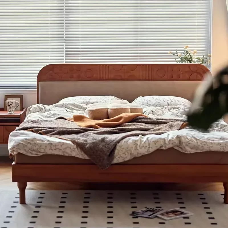European Soft Bed Solid Wood Queen Size Double Bed with Eco-friendly Design Black Walnut Color Option