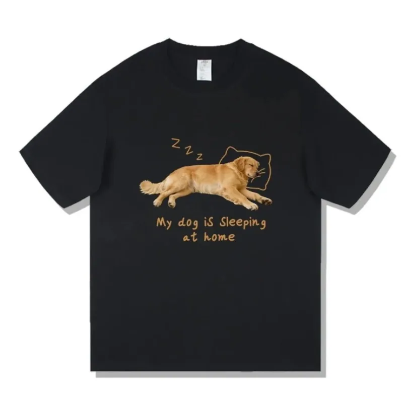 Golden Retriever Sleeping At Home Cotton Short Sleeve T-shirt Loose 2026 Summer Dog Fun Printed Top Male Round Neck Short Sleeve