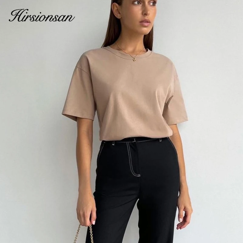 Hirsionsan Basic Cotton T Shirt Women 2023 Summer New Loose Solid Tees 18 Color Casual Loose Tshirt Korean O Neck Female Tops