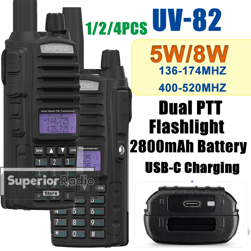 1/2/4PCS BaoFeng UV-82 High Power Walkie Talkie USB-C Jack 2800mAh Dual PTT FM DTMF VOX Long Range Handheld 5W/8W Two Way Radio
