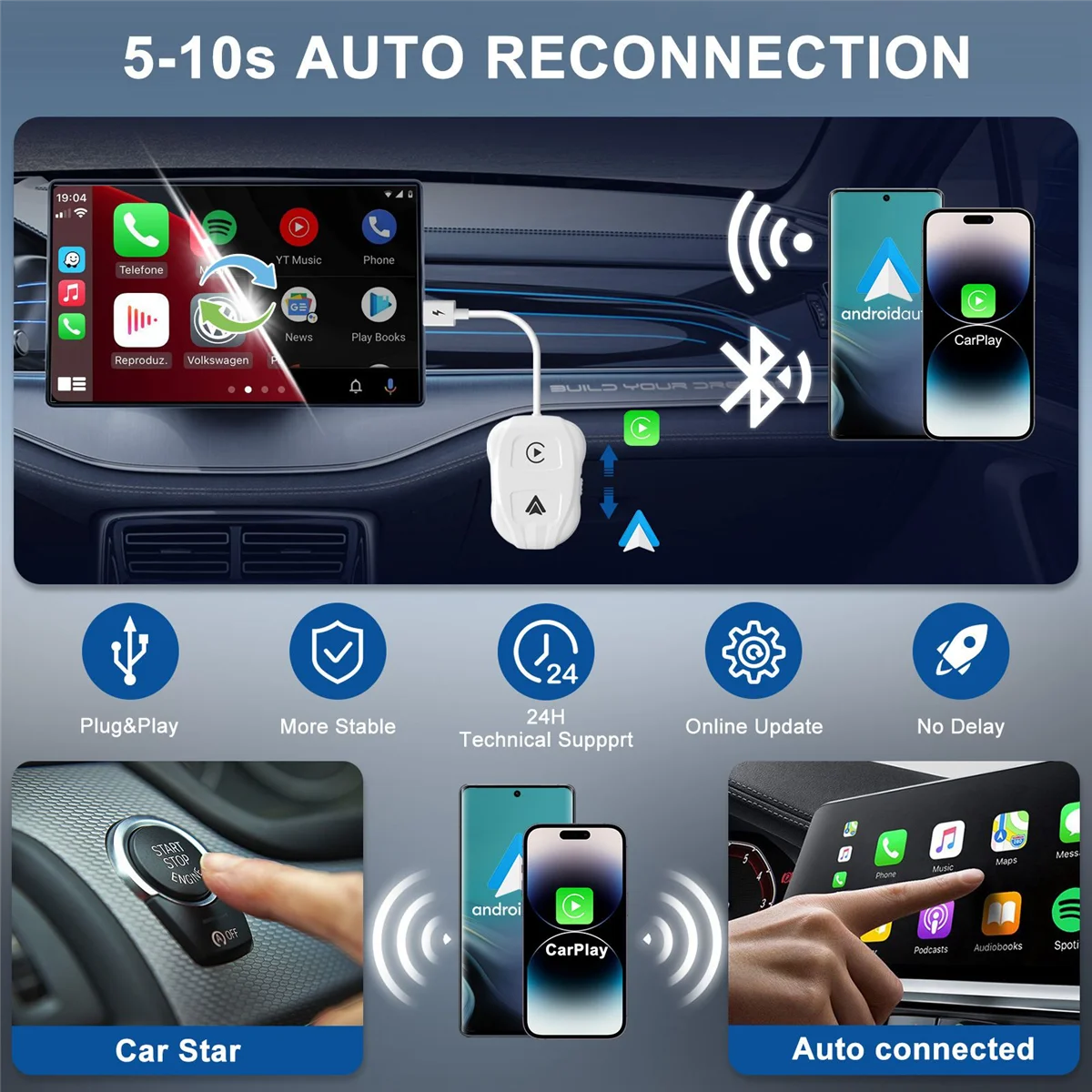AT87-2PCS CarPlay wireless 2 in 1 per Apple e Android Dongle Carplay wireless automatico per Apple Carplay e Android cablati