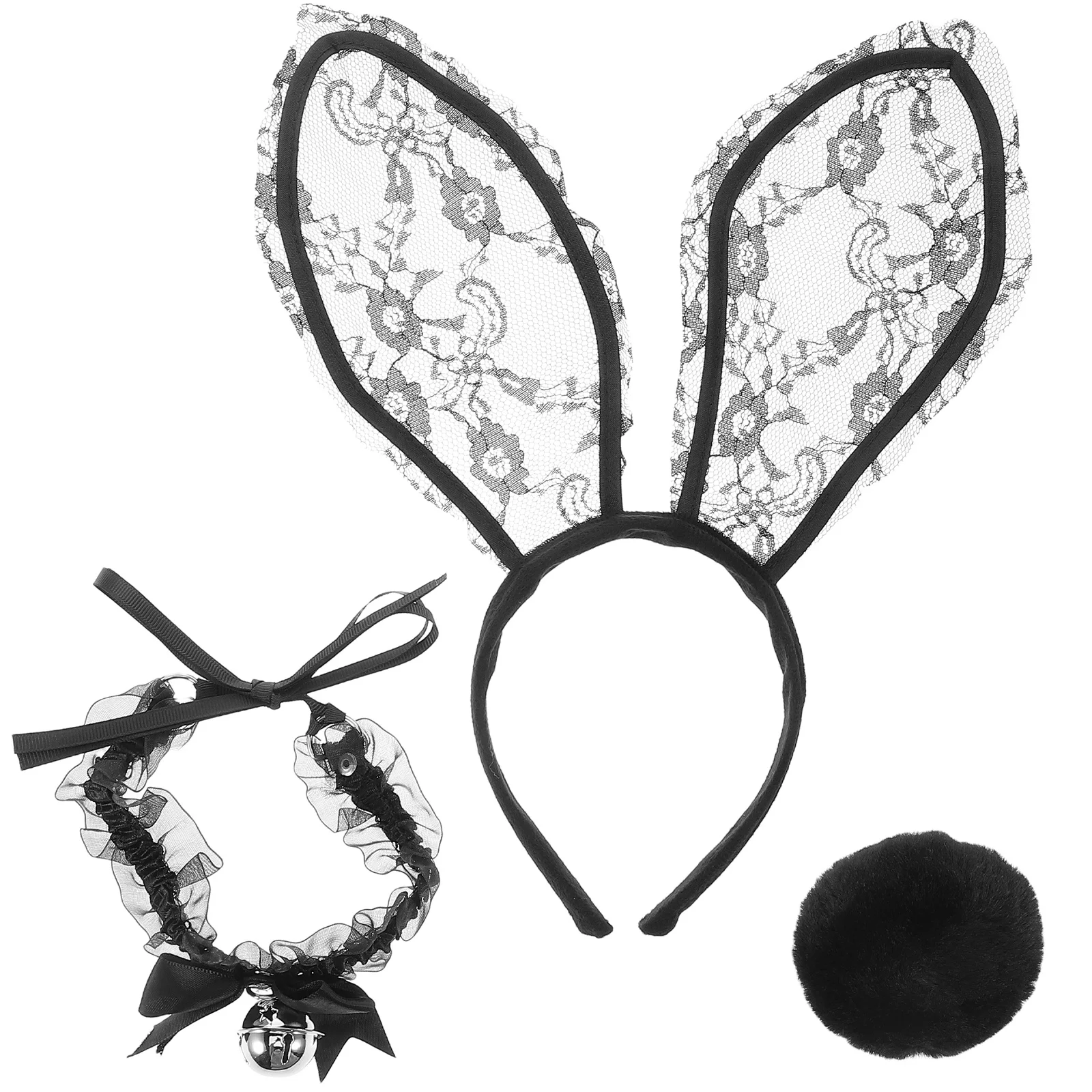 

Lace Bunny Ears Headband Black Lace Rabbit Collar Round Tail Women Easter Party Halloween Cosplay Accessories