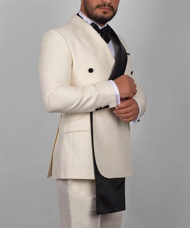 Patchwork Men's Suits 2 Pieces Beige Black Jacket Wedding Party Groom Tuxedos