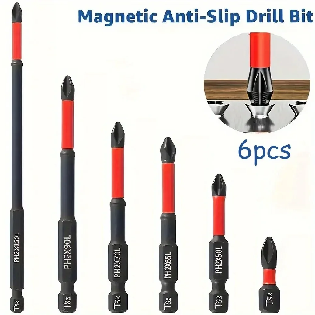 

6pcs Magnetic Anti-Slip Drill Bit Set, Suitable for S2 Steel, 1/4 Inch Shank, Phillips Impact Bits