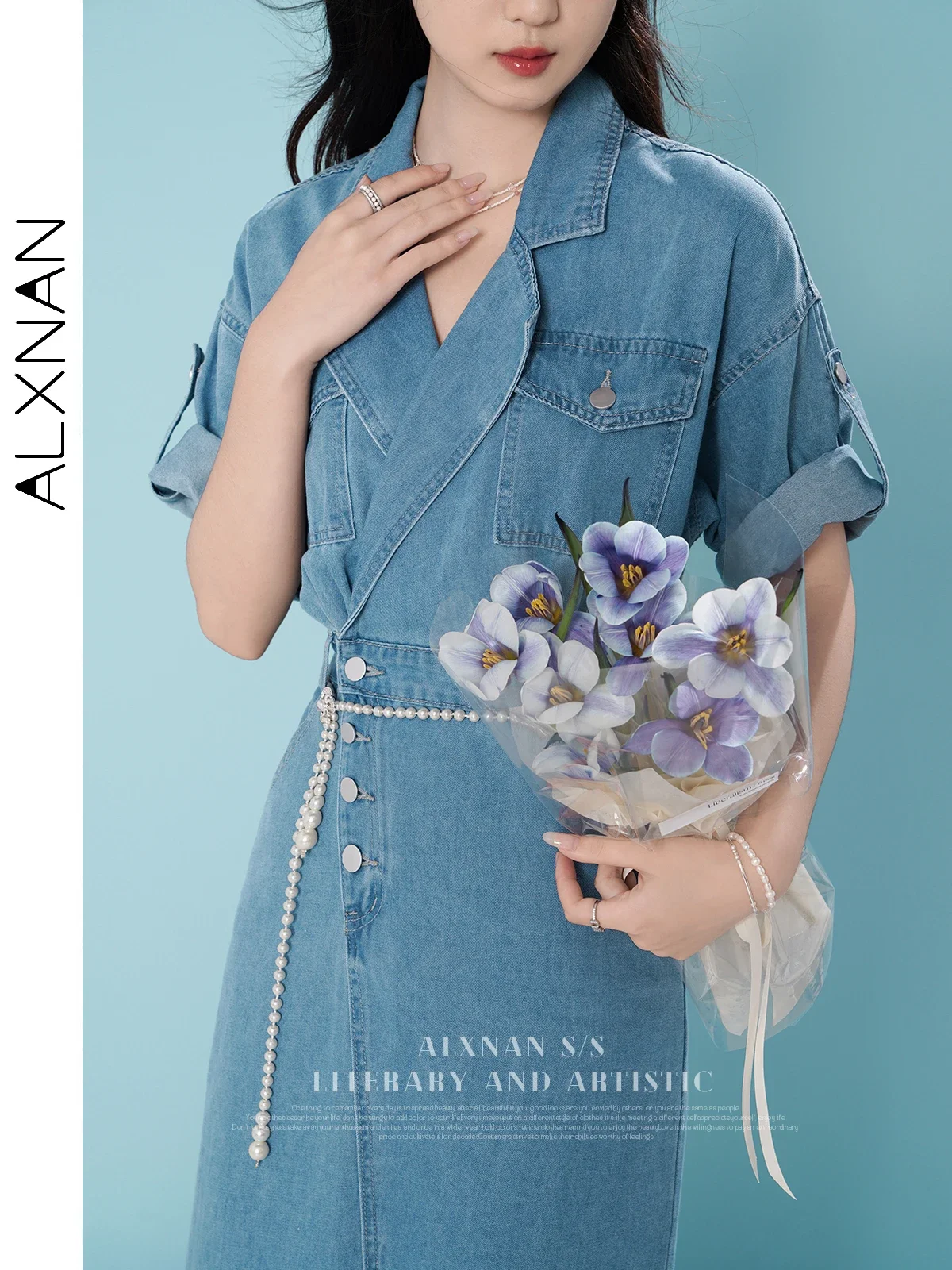 ALXNAN Women Summer Midi Denim Dress Female 2024 Casual Short Sleeve Patch Pockets Notched Collar Fitted Split Dress LXN29722