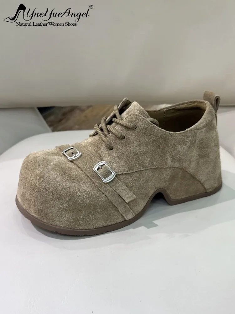 Women Height Increasing Shoes Lace Up Round Toe Personality Buckle Genuine Leather Cow Suede Autumn New Casual Platform Pumps