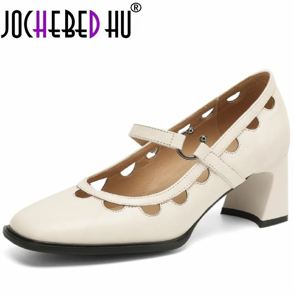 

【JOCHEBED HU】Handmade Genuine Leather Mid heel Women Sweet Pumps Thick Female Single Shoe party Ladies Footwea 34-40