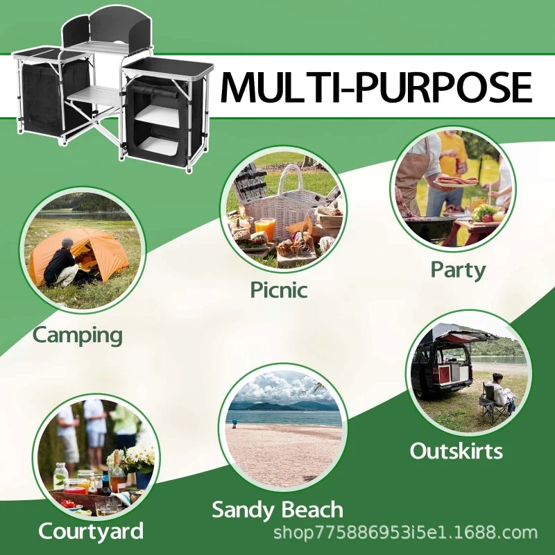 طاولة تخييم محمولة قابلة للطي، منظم تخزين كبير من الألومنيوم خفيف الوزن، محطة طهي المطبخ، حقيبة حمل للسفر في الهواء الطلق