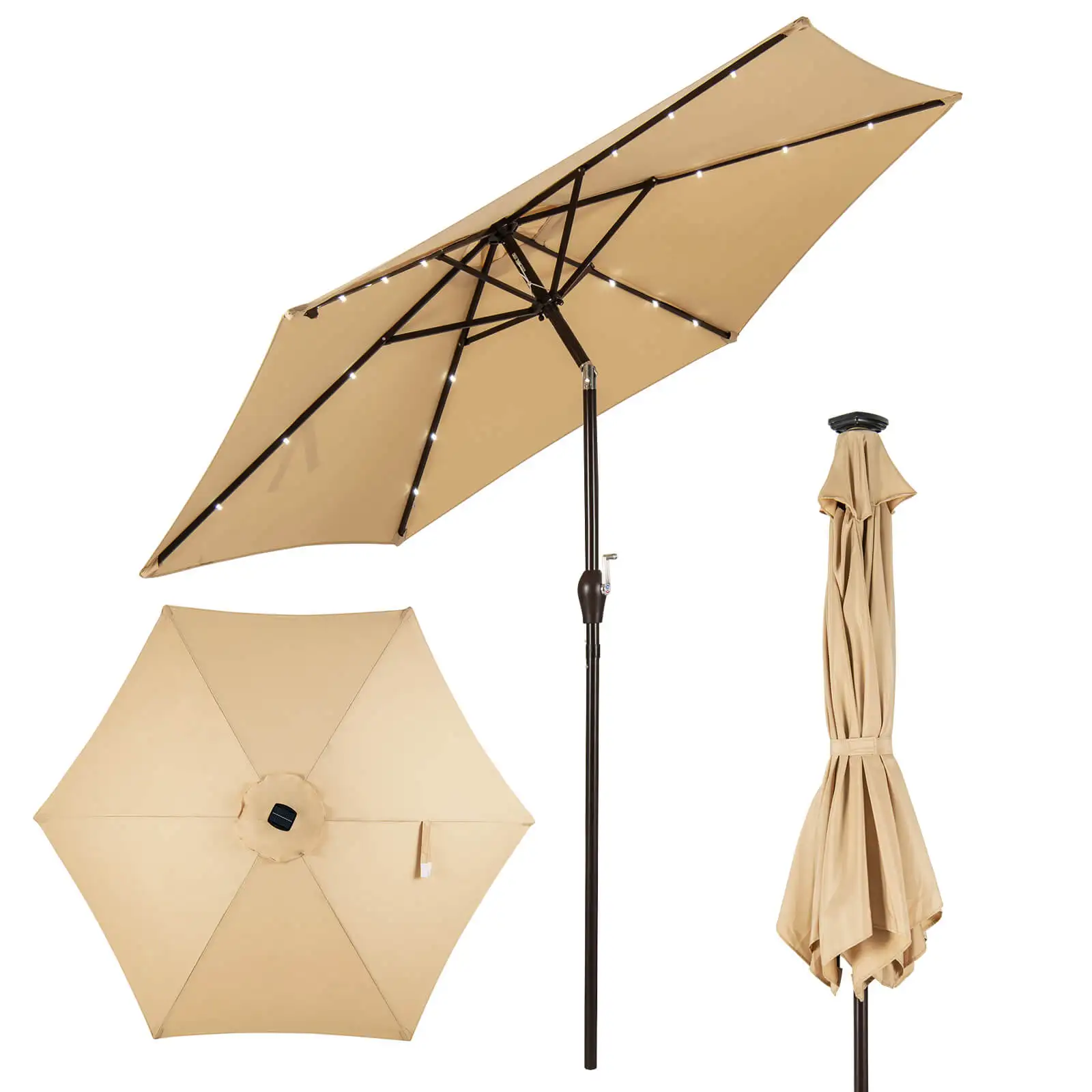 

9' Solar LED Lighted Patio Market Umbrella Tilt Adjustment Crank Lift Beige