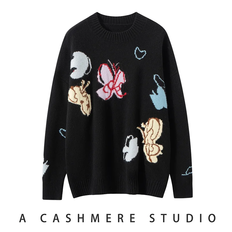 

SoftCash 100% Cashmere Trendy Top Women's Autumn Winter Soft Elegant Casual Loose Round Neck Butterfly Pattern Fashion Sweater