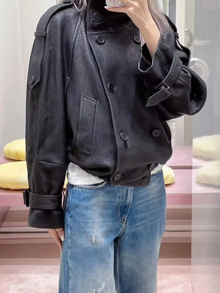 معطف جلد صناعي أنيق للخريف والشتاء، تصميم جديد بأزرار مزدوجة وياقة كبيرة، مع حزام من الجلد الصناعي