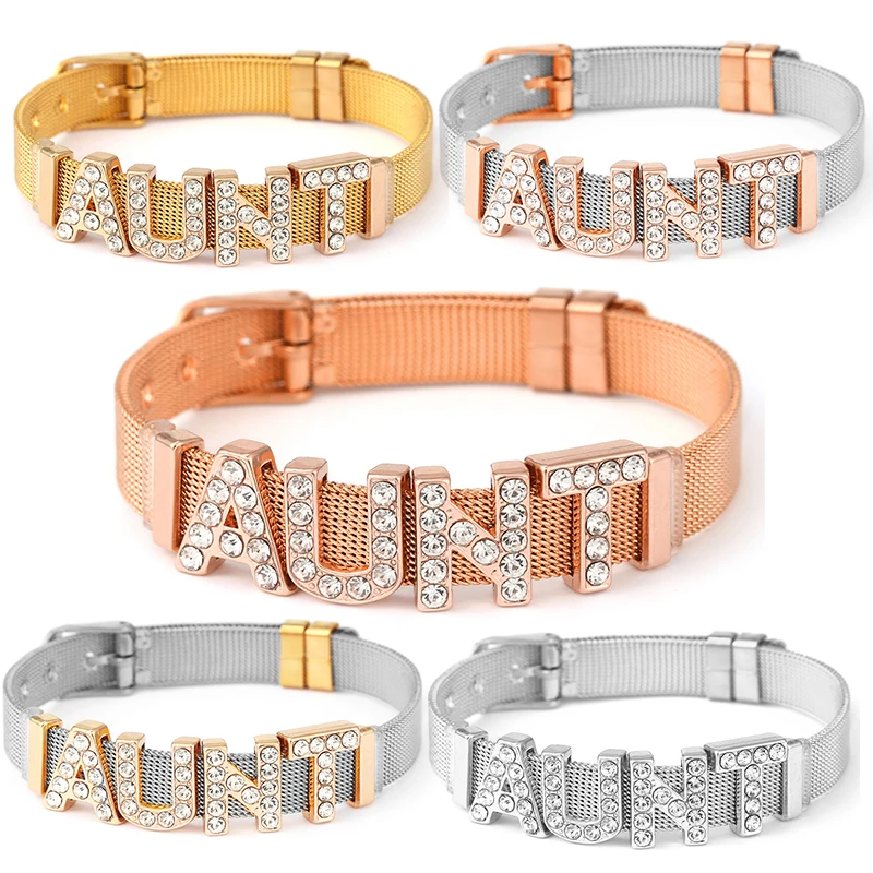 Correa estilo 10mm cuentas de cristal AUNT Pulseras con dijes DIY Pulseras de malla de acero inoxidable Brazaletes Pulseras Mujer para Mujer