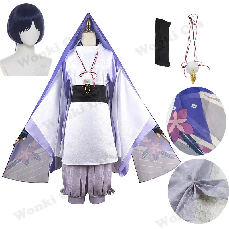 2025 yiyi Scaramouche Costume Wig Deep Blue Hair Wanderer Story White Kimono Suits Cosplay Costumes