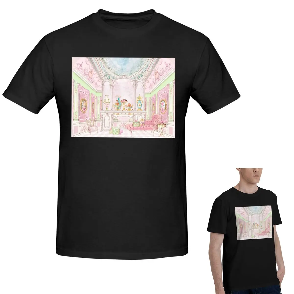 

French Patisserie Marie Antoinette Pink Cake Shop Diorama T-Shirt Men's Funny Oversized T Shirt Men Round Neck Shirts Tops S-6XL