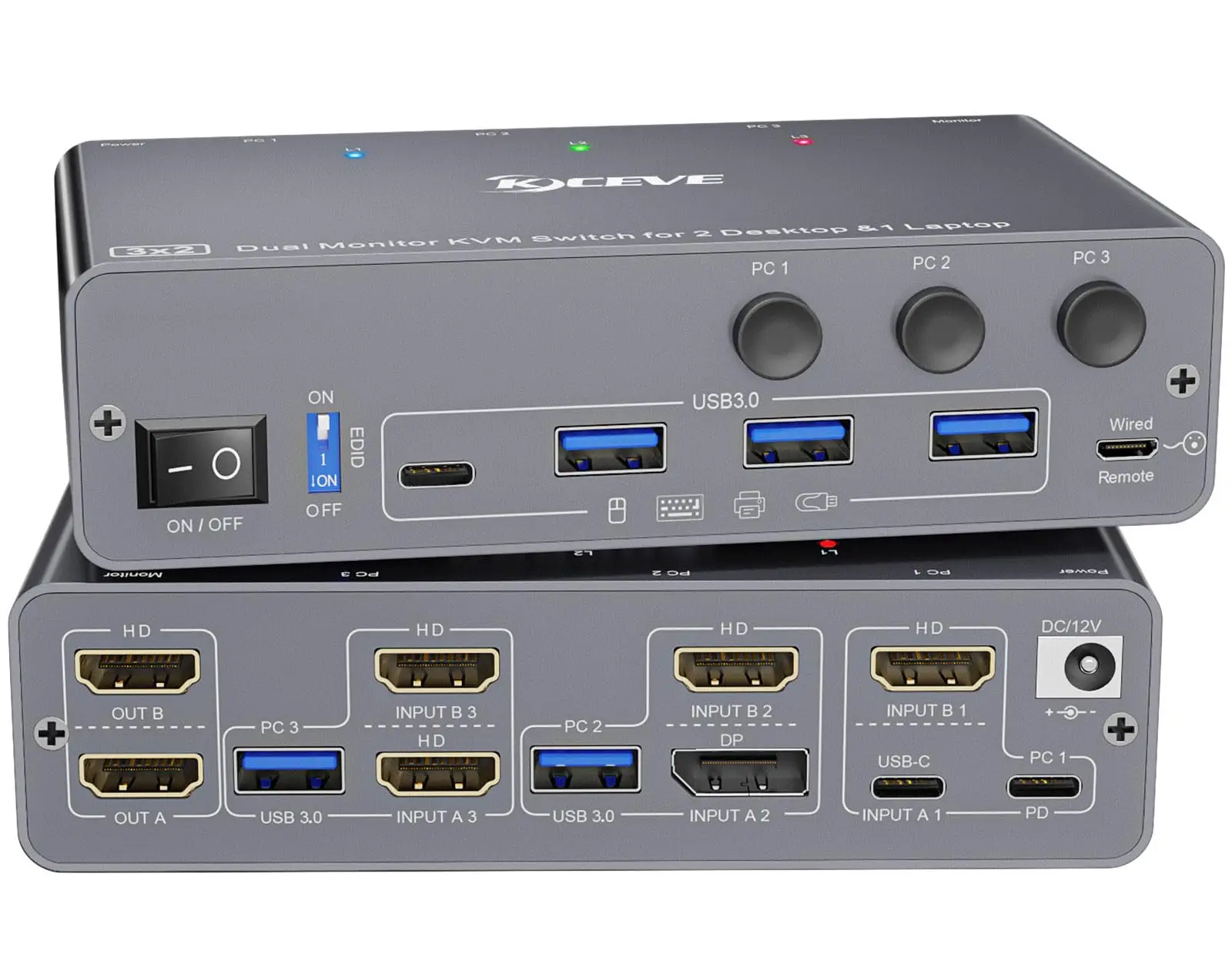 

KVM-переключатель KCEVE, 2 монитора, 3 компьютера, HDMI DP USB C, USB 3.0, двойной монитор для 2 ПК, Share 4 устройства USB 3.0, клавиатура, мышь