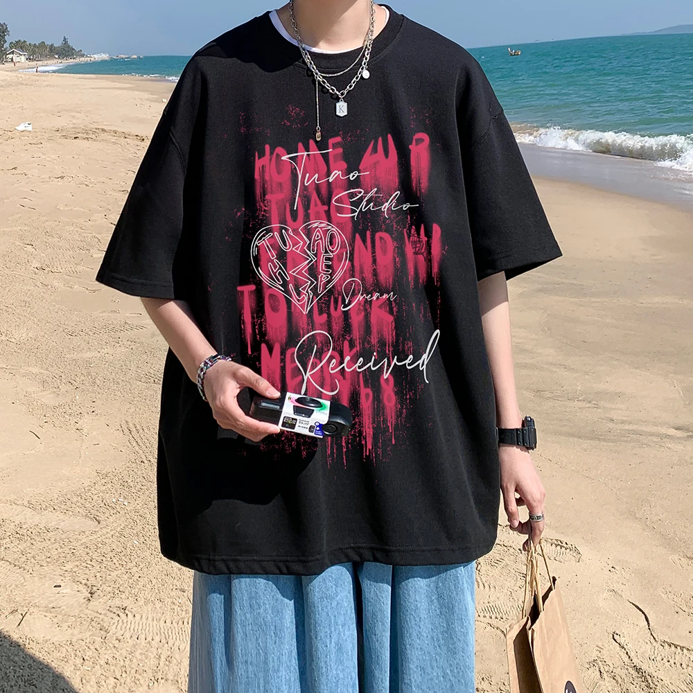 

Short-Sleeved Summer Heavyweight High Street Tops for Boys and Teenagers Round Neck Loose and Trendy 5-Quarter Sleeves