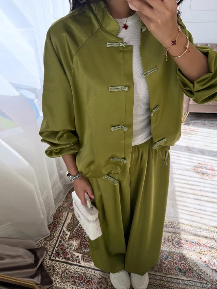 Casual Solid Jacket Pants Suit Women Single Breasted Loose Full Sleeve Coat Wide Leg Trousers Lady 2026 Autumn Female Sets New