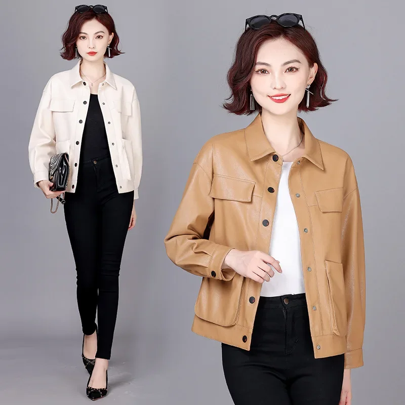 

Autumn Winter Womens Leather Jacket 2023 Short Lapel Leather Jackets for Women Fashion Korean Loose Coat Single Breasted Jaqueta