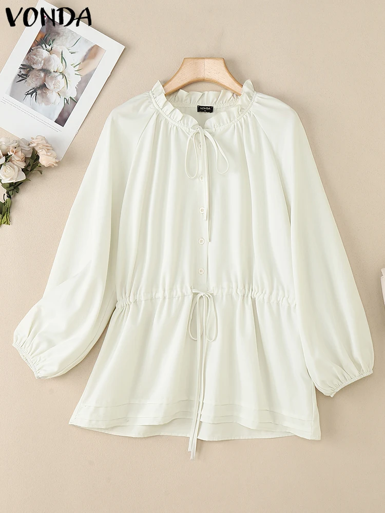 

VONDA элегантные женские рубашки-туники, осень 2025 г., однотонные топы с длинными пышными рукавами, повседневные свободные повязки на талии с рюшами OL Blusas Femininas