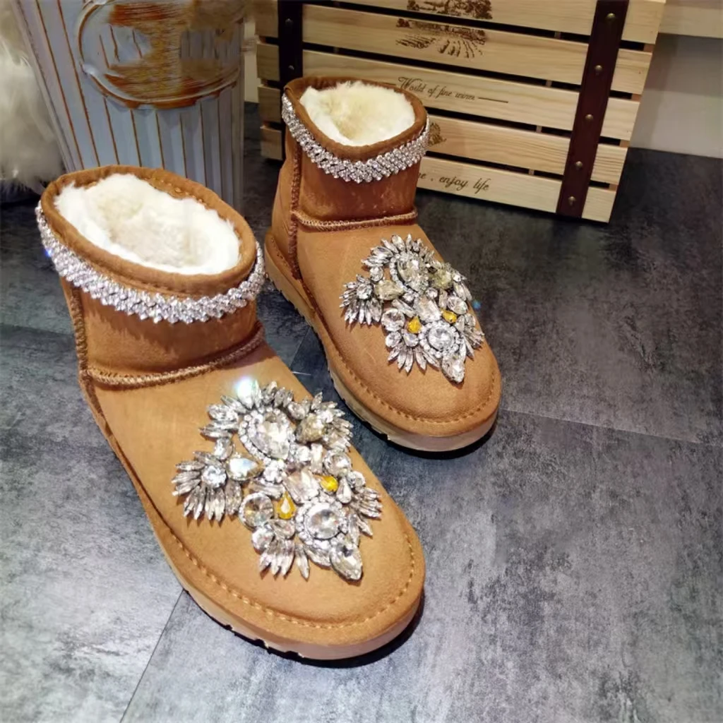 Handmade luxury rhinestone accessories women's fur one warm cotton shoes banquet party large size snow boots 35-44