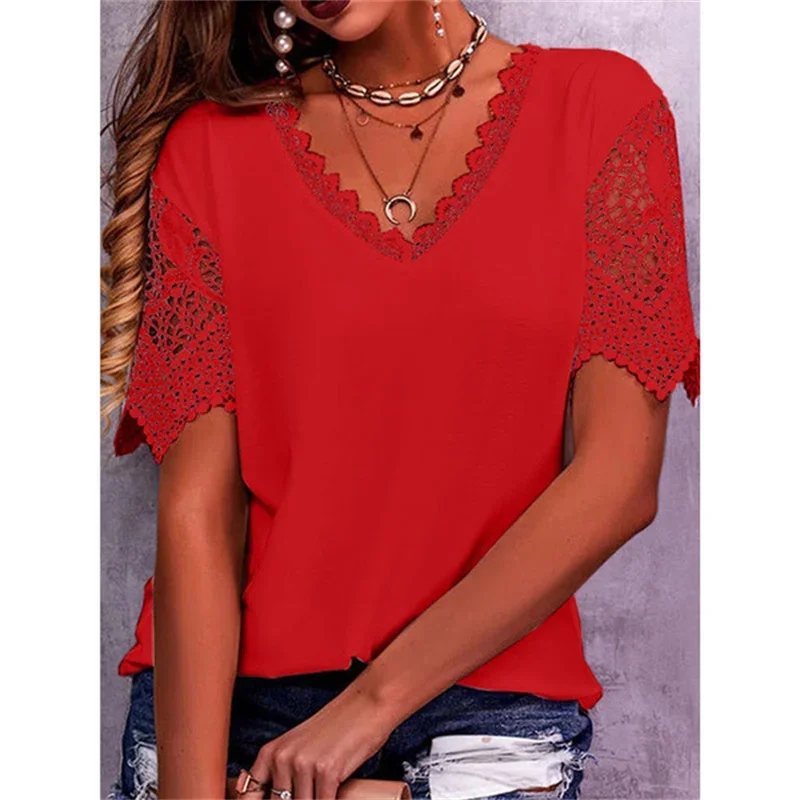 Spring Summer Women Shirts Elegant Hollow Out Lace Short Sleeve V-neck Casual Chic Oversized Blouses Solid Color Streetwear Top