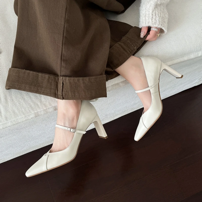 NEW Spring/Autumn Women Pumps Genuine Leather Shoes for Women Pointed Toe High Heel Shoes Shallow Buckle Strap Mary Janes Shoes