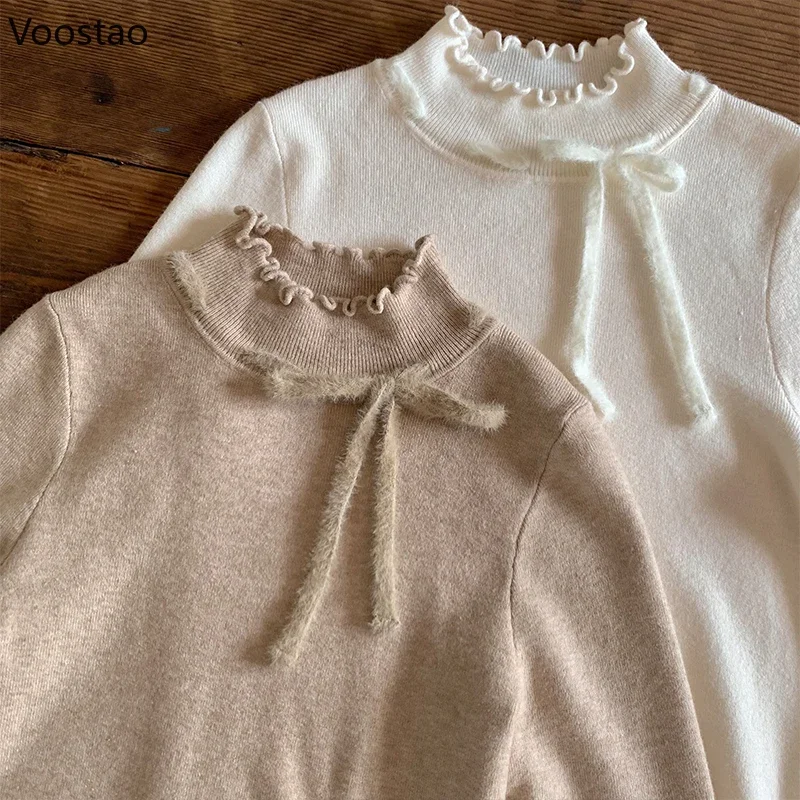 Autumn Vintage Solid Grunge Lolita Knitted Pullover Women Y2k Aesthetic Ruffles Bow All Match Tops Harajuku Sweet Loose Sweater