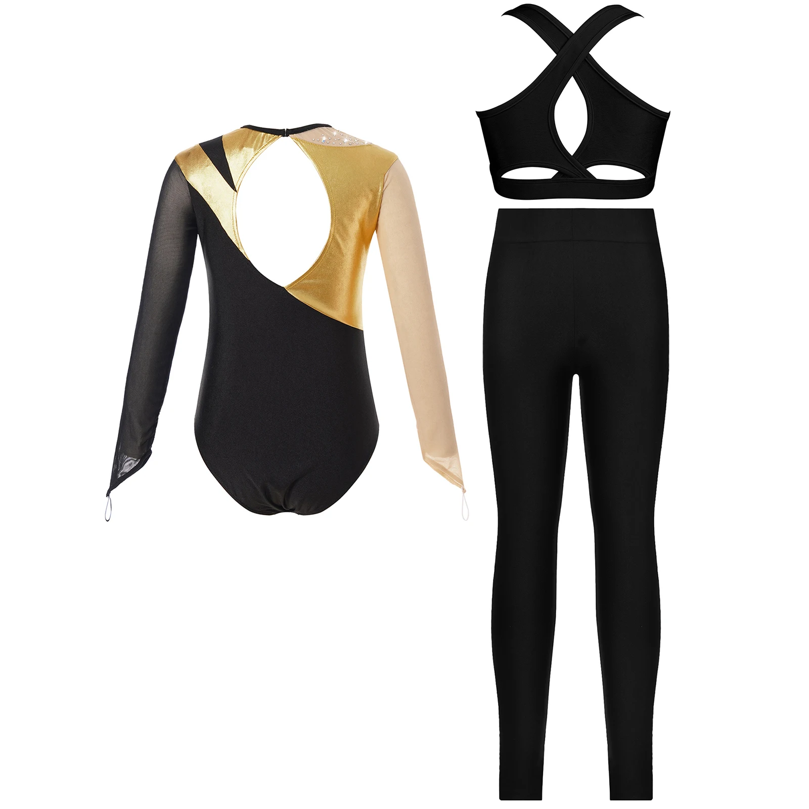 Girls Sport Gymnastics Leotard Set Ballet Dance Wear Figure Skating Costume Long Sleeve Metallic Jumpsuit Vest Top with Leggings