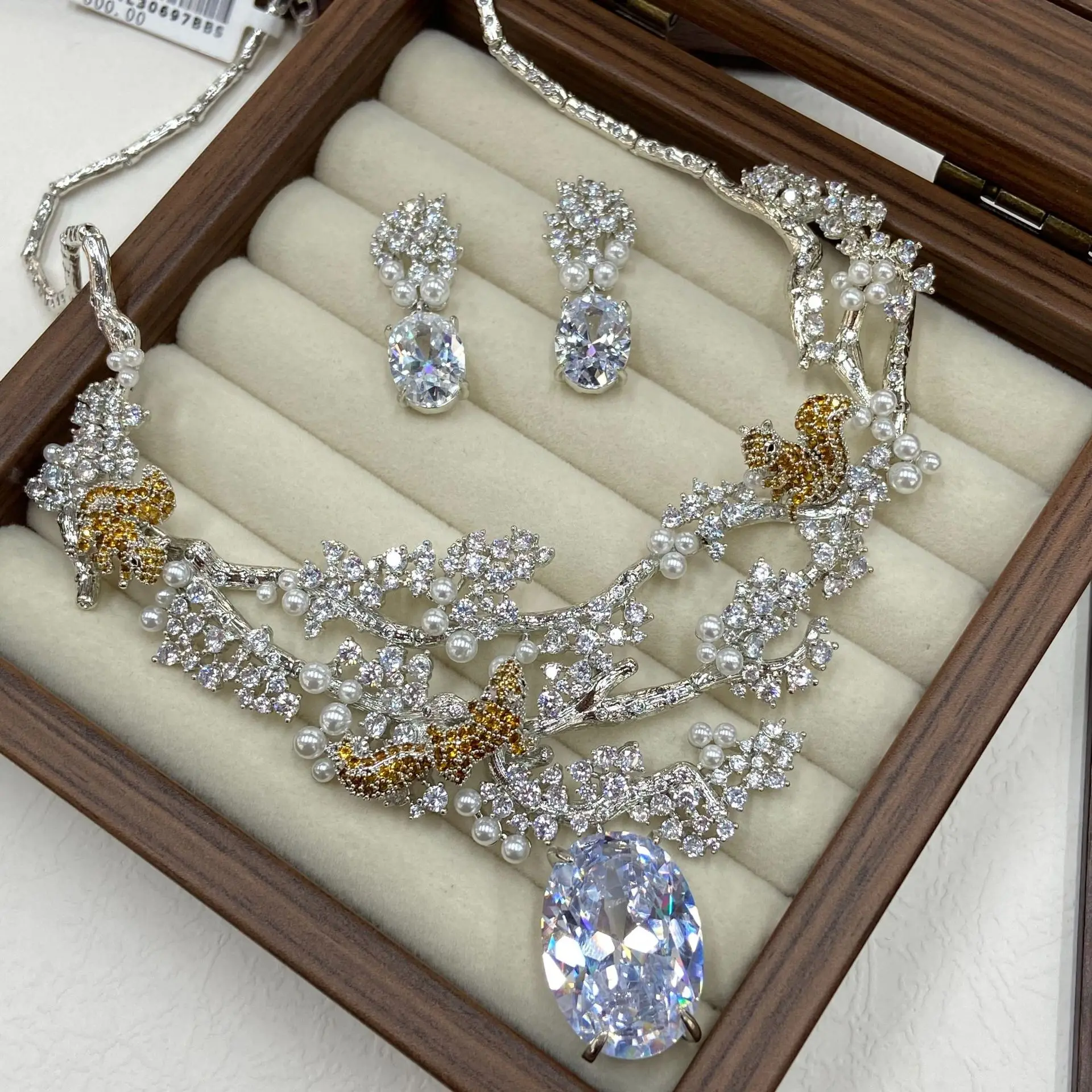 Women's Wedding Vine Tree Baby's Breath Zircon Butterfly Large Water Drop Necklace and Gemstone Earring Set