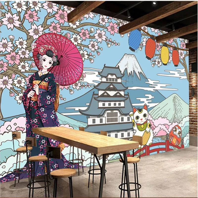 

Hand-painted Japan Famous Sights Mural Wall Paper 3D Kimono Beauty Japanese Cuisine Sushi Restaurant Industrial Decor Wallpaper