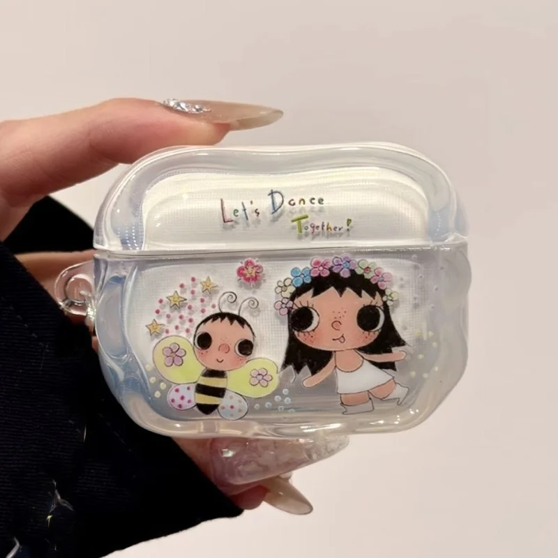 Kawaii Anime Girl Bee Angel Wings Pink Sticker For Airpods 4 3 1 AirPods Pro 2 Headphone Case Dustproof Anti-Fall Keychain