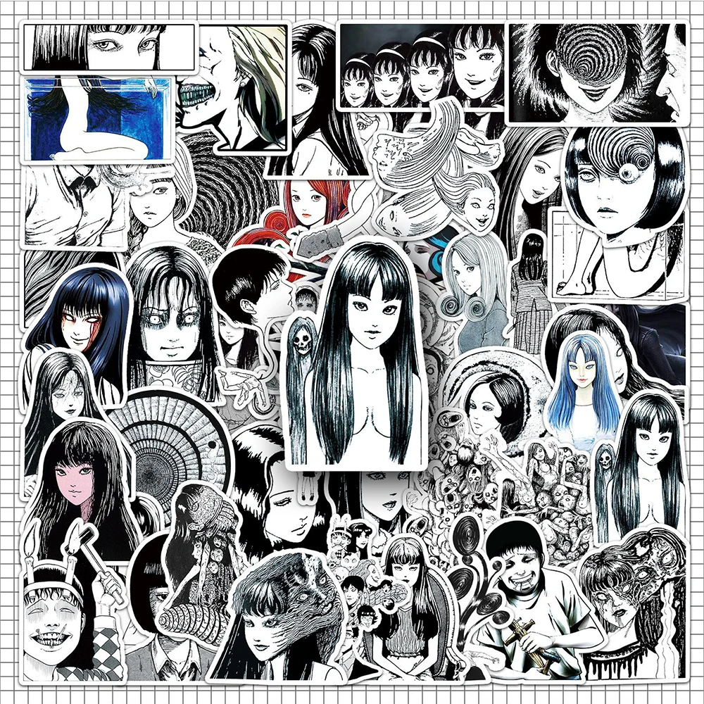 10/30/50 قطعة ملصقات أنمي مرعبة تومي كاواكامي، ملصقات كرتونية باللونين الأسود والأبيض، ملصقات مانغا جونجي إتو الرائعة لتزيين الحقائب ولوح التزلج