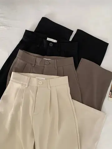 Pantalones de traje de cintura alta para mujer, pantalones rectos de oficina para mujer, pantalones de moda coreana, pantalones negros holgados con botones informales para mujer, novedad de 2024
