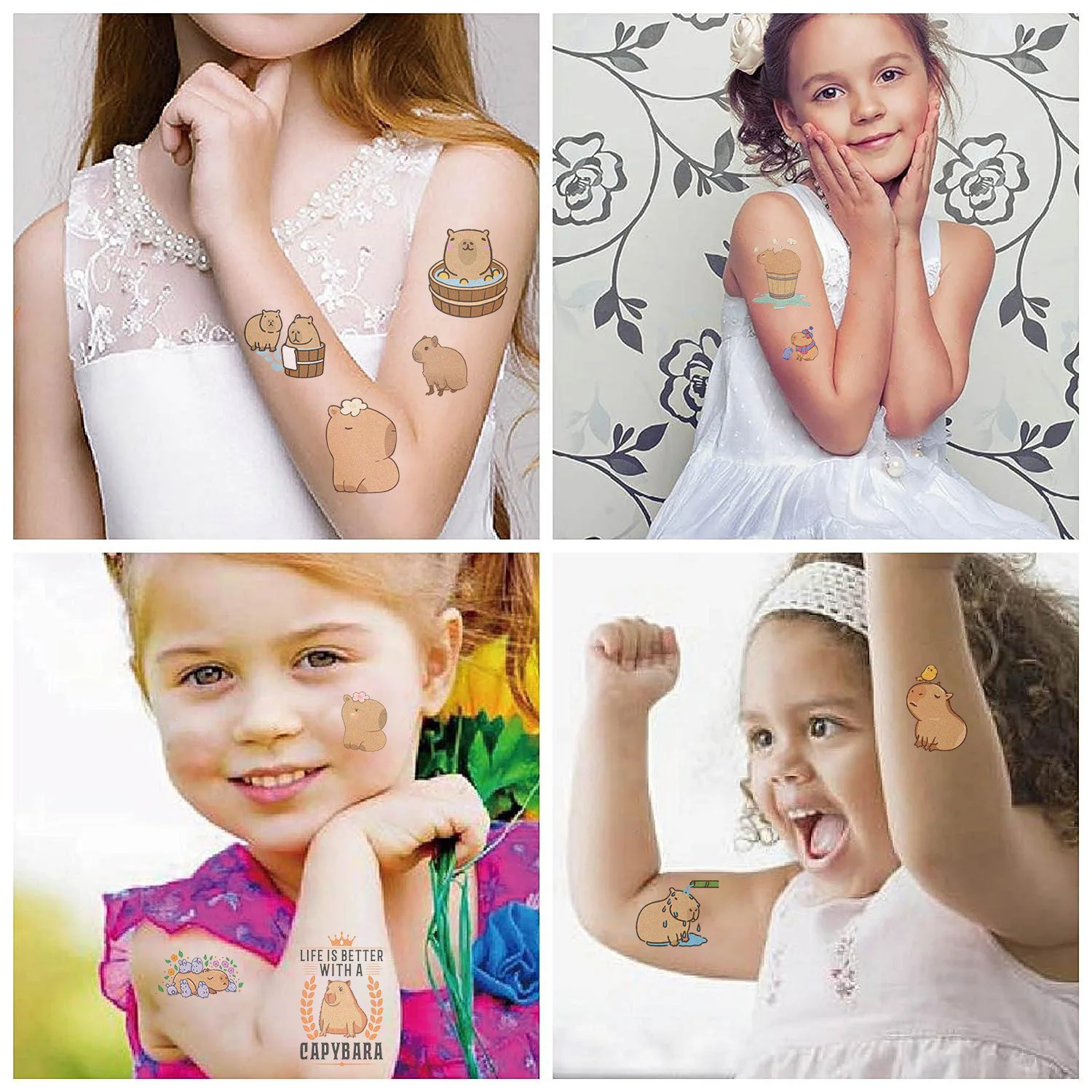 10 Uds. De pegatinas de tatuaje de capibara bonitas, tatuajes temporales de animales de dibujos animados para niños, pegatina kawaii para niños, juguete de regalo de cumpleaños y Navidad