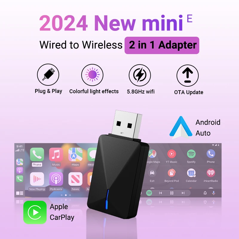 2024 New Adapter 2in1 Mini CarPlay Box Wired To Wireless CarPlay&Android Auto Smart box Bluetooth WiFi Connect Plug&Play Fit 99%