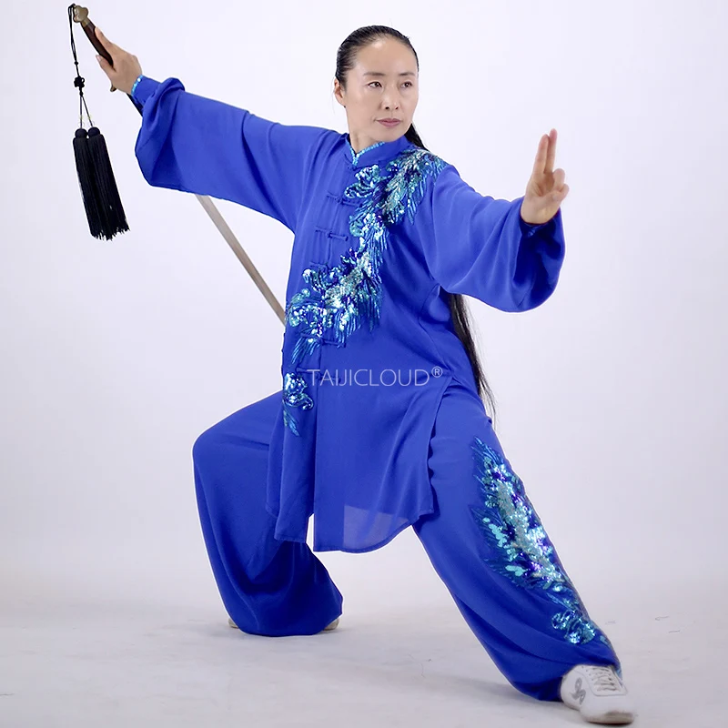 Tai Chi Kung Fu Suit Phoenix Embroidery Sheer Fabric Martial Arts Uniform for Men Women Mid-Length Performance Competition Wear