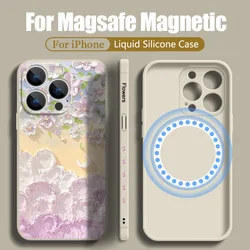 Pink Small Flowers Liquid Silicone Magnetic Case For iPhone 16 15 14 13 12 Pro Max 11 For Magsafe Wireless Charge Phone Cover