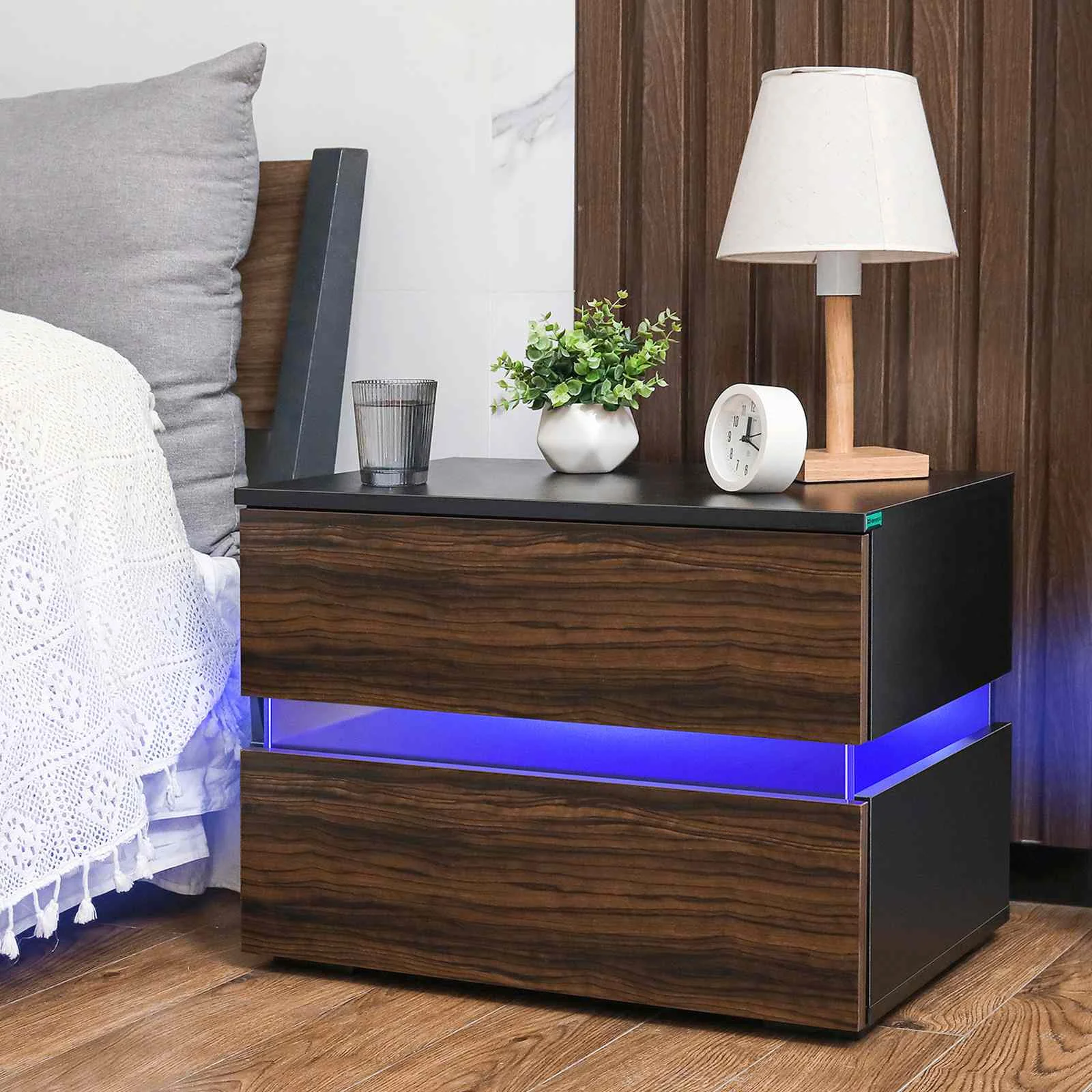 LED Nightstand Brown Modern Nightstand with 2 Drawers Wooden Bedside Table Night Stand with 16 Colors LED Lights for Bedroom US