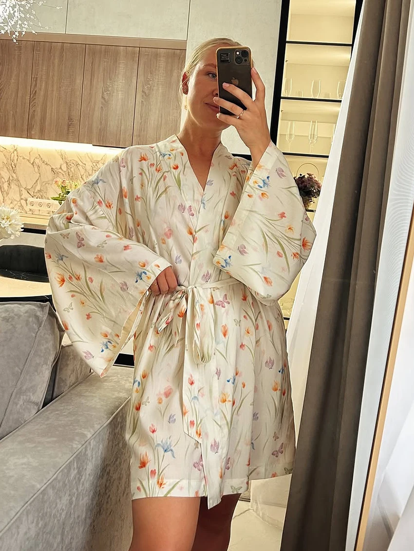 

Marthaqiqi Winter Ladies Nightwear Long Sleeve Sleepwear Printing Lace Up Robe V-Neck Nightgowns Casual Mini Dress Female Pajama